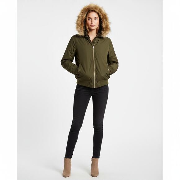 Forever 21 Olive Green Bomber Jacket – Faux Fur Hood Women’s L Zip-Up Coat - Picture 3 of 5